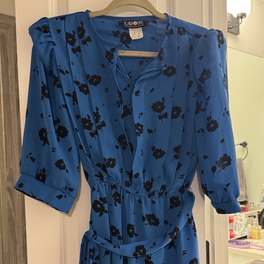 Lahoun Blue and Black Floral Long Sleeve Dress